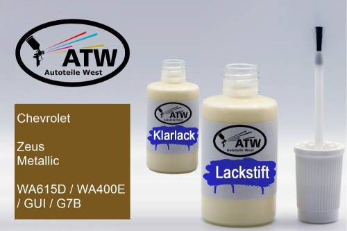 Chevrolet, Zeus Metallic, WA615D / WA400E / GUI / G7B: 20ml Lackstift + 20ml Klarlack - Set, von ATW Autoteile West.